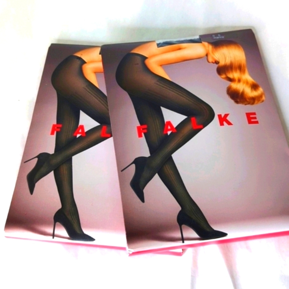 FALKE Prime Rib Tights, 2 Pair Designer Hosiery in Marine .. Size Small (95-110)